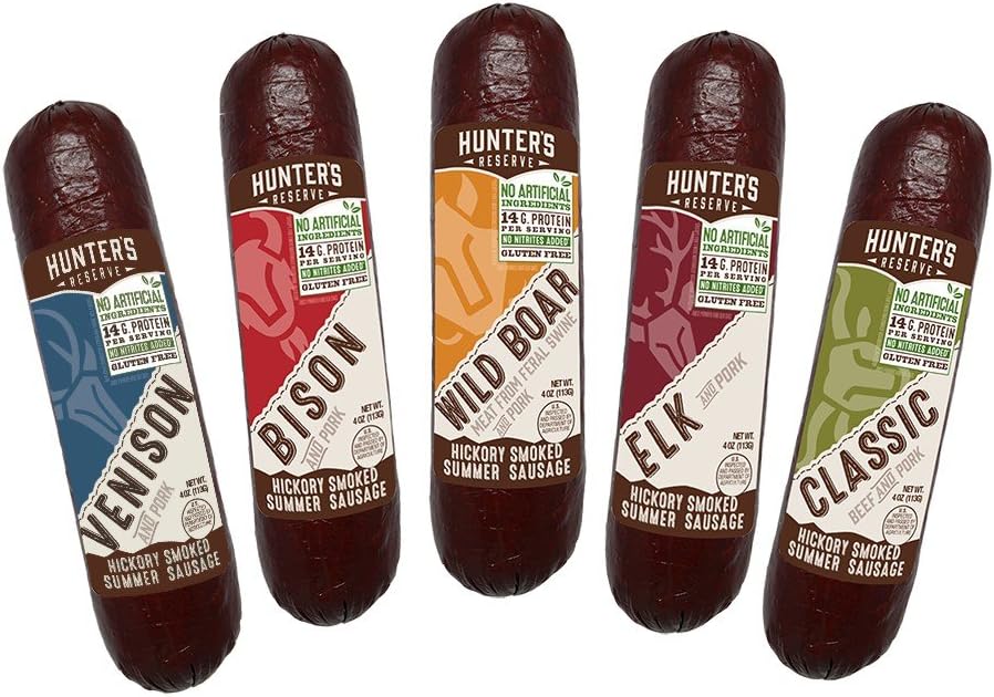 Hunters Reserve, Taste of The Wild Summer Sausages, Hickory Smoked, 5 Wild Game Flavors - Variety Gift Pack