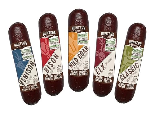 Hunters Reserve, Taste of The Wild Summer Sausages, Hickory Smoked, 5 sabores de caza silvestres, paquete de regalo variado