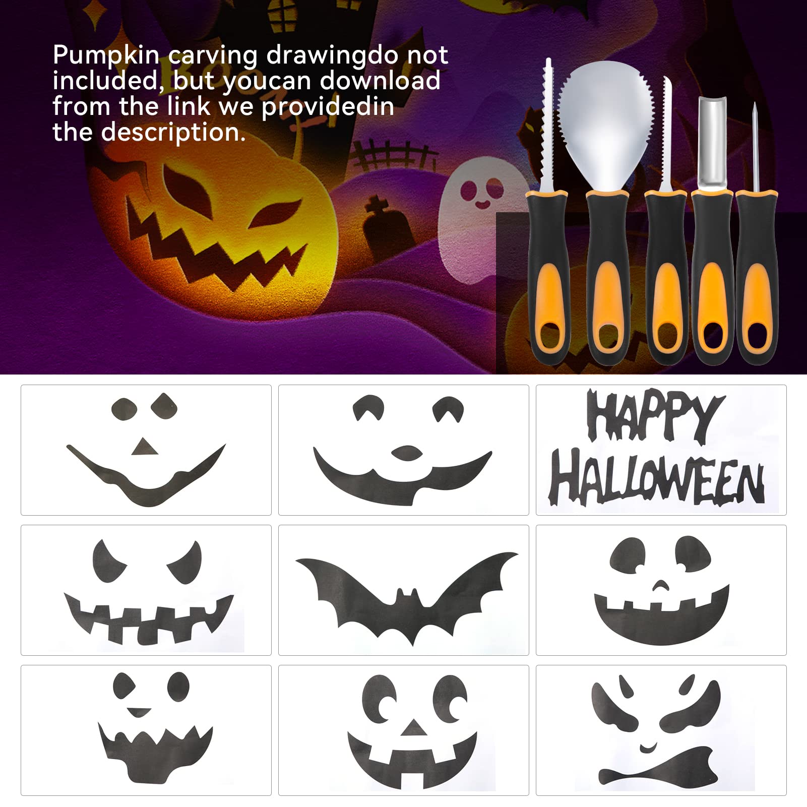 YUET Kit de talla de calabaza de Halloween, 5 piezas de herramientas profesionales de talla de acero inoxidable para decoraciones de Halloween