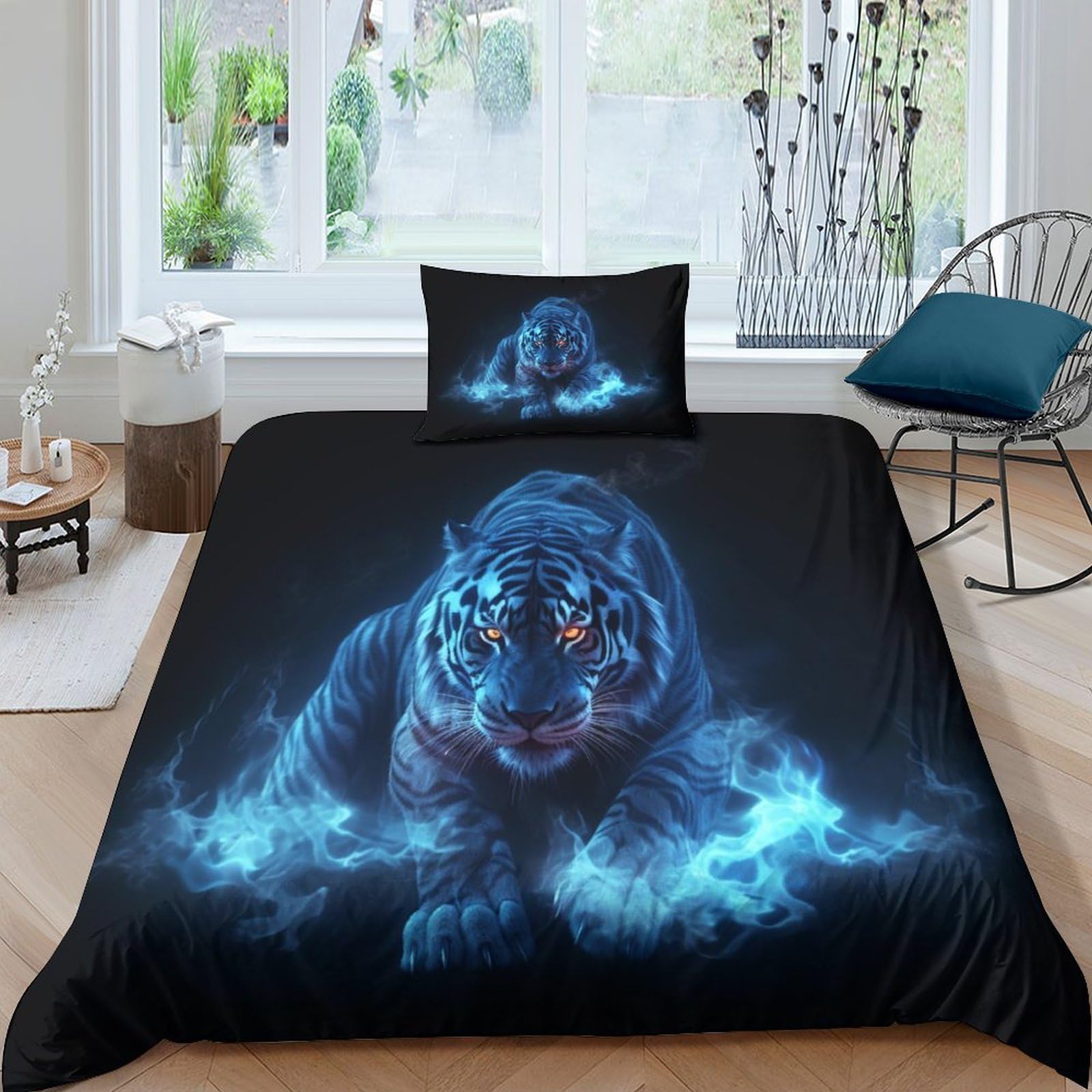 GOOSMI Blue Flame Tiger Duvet Cover Set 3D Printed Set Comforter Cover for Boys Girls Tiger Quilt Covers Soft Microfiber Bedding Set With Pillowcase Bedding Set with Zipper Closure Single（135x200cm）