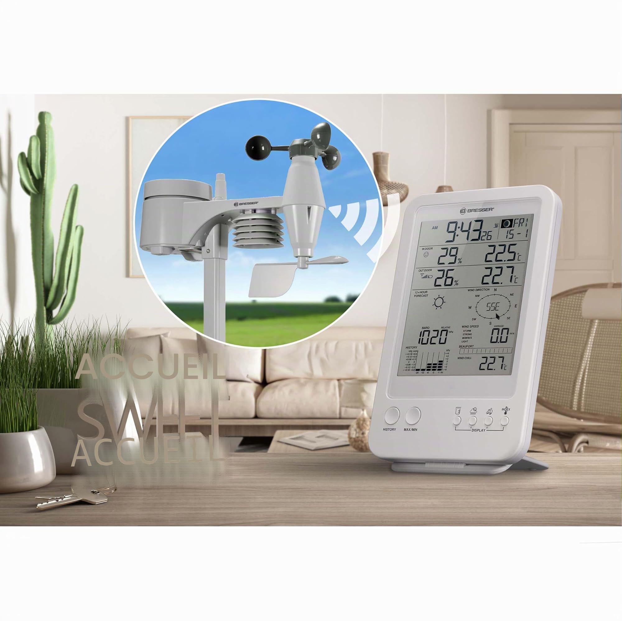 Bresser Station météo Prévisions météorologiques Station météo radio avec capteur extérieur Wetter Center 5-in-1, Blanc