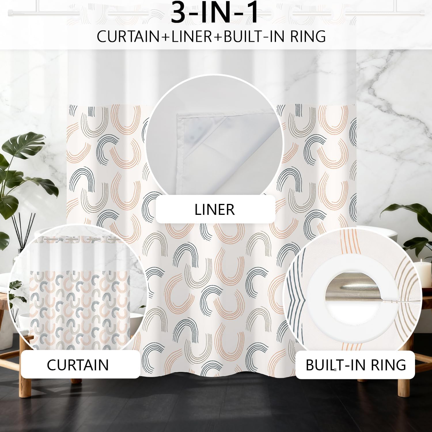 No Hook Shower Curtain with Snap in Fabric Liner Set - Modern Geometric Curve Design, Waterproof Double Layers with Beige & Blue Line for Bathroom Decor, See Through Top Window, 71x74 Inch