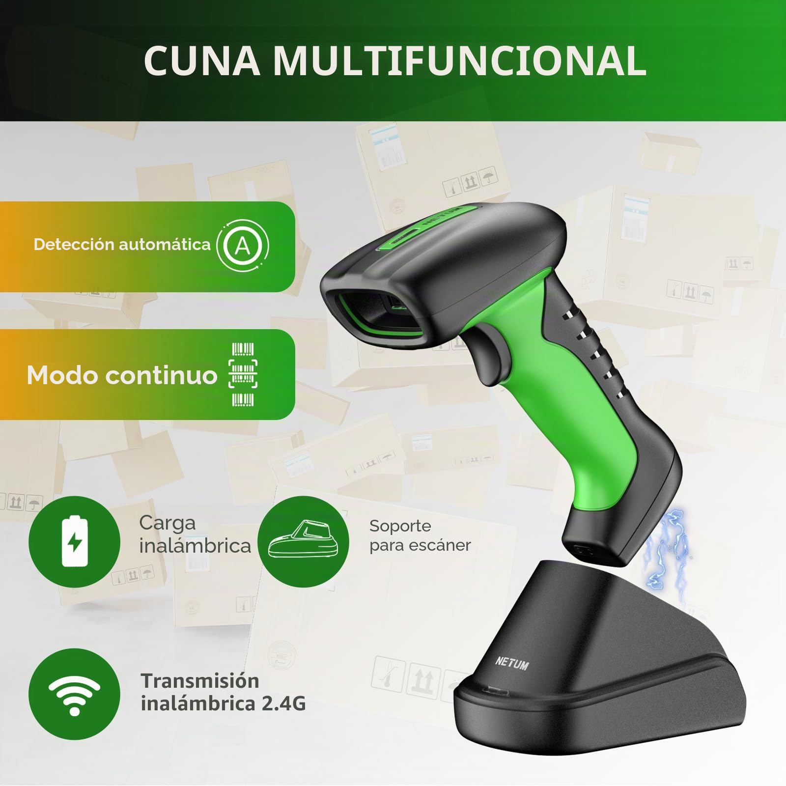 NETUM Escáner de Código de Barras Industrial 2D QR Bluetooth con Base de Carga Lector Inalámbrico 2D 1D Batería 2600mAh Resistente al Polvo Auto-Sense Scanning Windows Mac Android iOS NT-1950