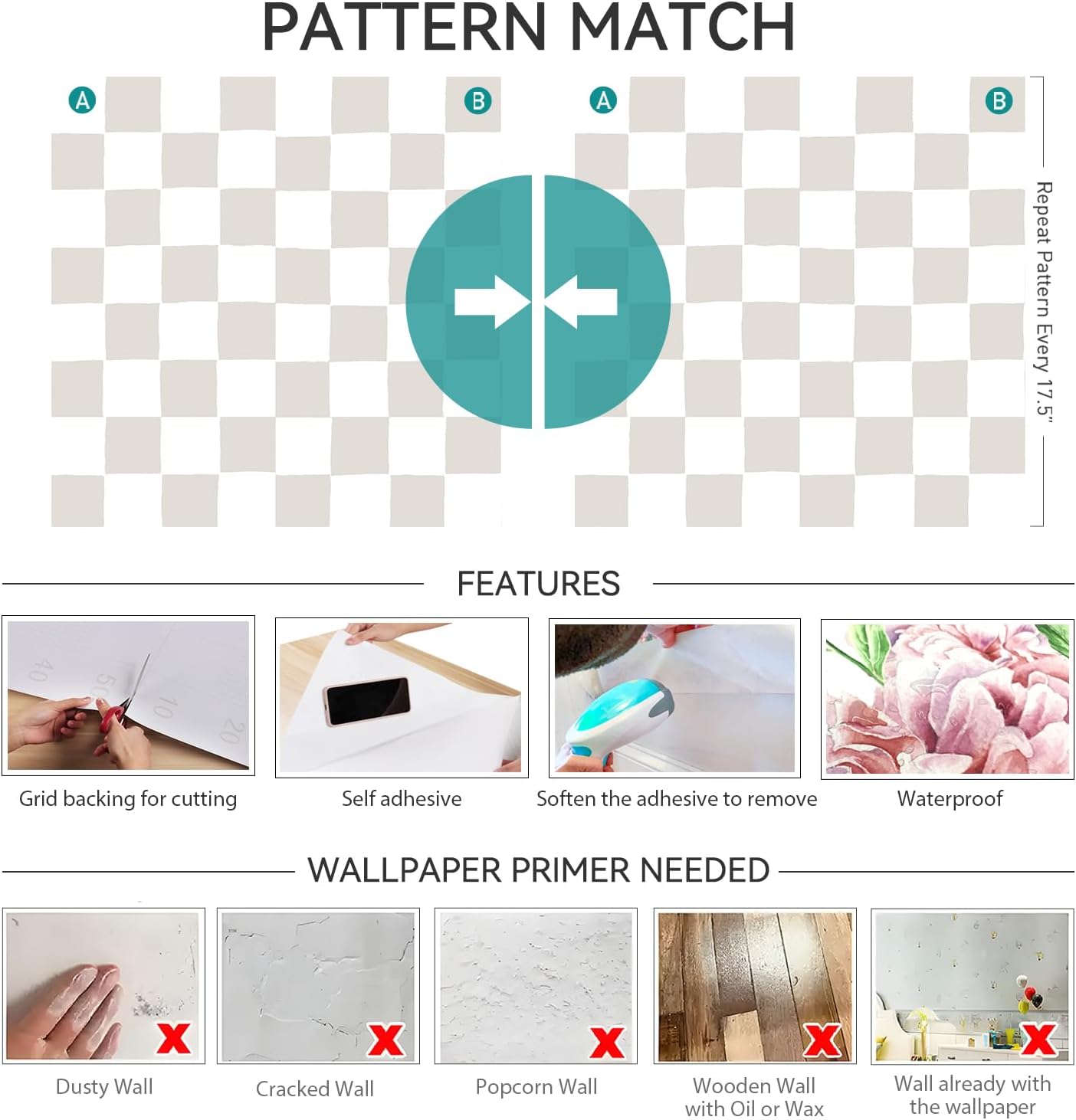 17.5x393 Neutral Checkered Peel and Stick Wallpaper Plaid Beige White Tan Farmhouse Plaid Wallpaper for Nursery Bedroom Kitchen Renter Friendly Checkered Contact Paper Waterproof Adhesive