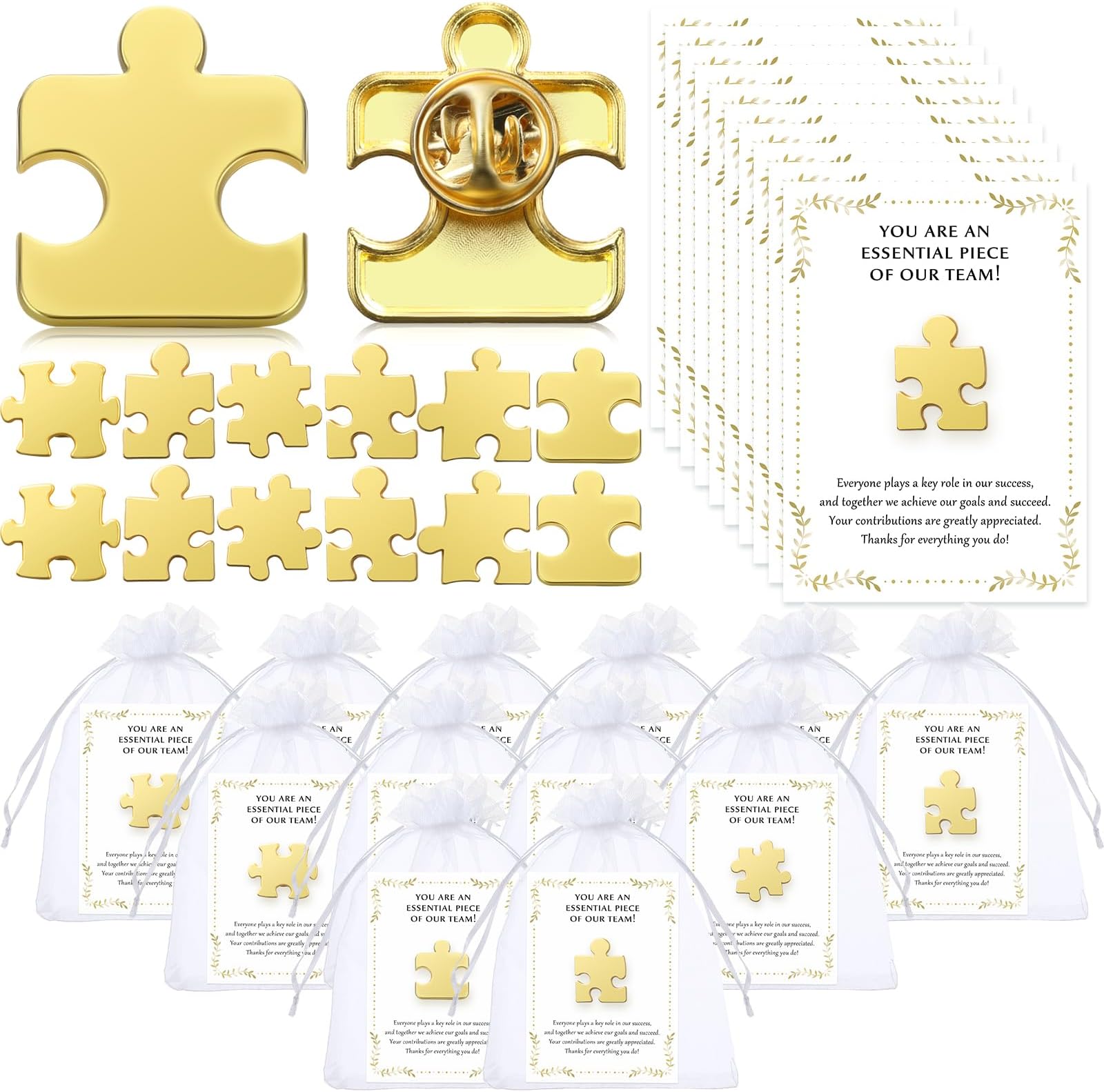 200 Sets Employee Appreciation Gift Bulk Puzzle Piece Lapel Pins Thank You Cards and Bags for Team Appreciation Building Recognition Soccer Baseball Team Gift for Employee Office Staff Coworkers