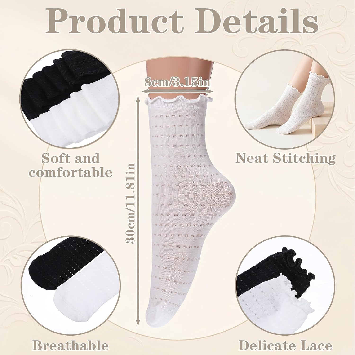 6 Pairs Women's Ruffle Socks, White Lace Socks Frilly Socks Mesh Casual Cotton Crew Socks, Black Summer Thin Cute Lace Socks