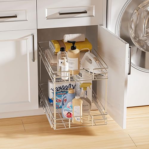 Miniatura 4 de LOVMOR Organizador de gabinete, organizadores de armario extraíbles de 2 niveles, 14 pulgadas de ancho x 21 pulgadas de profundidad, organizadores