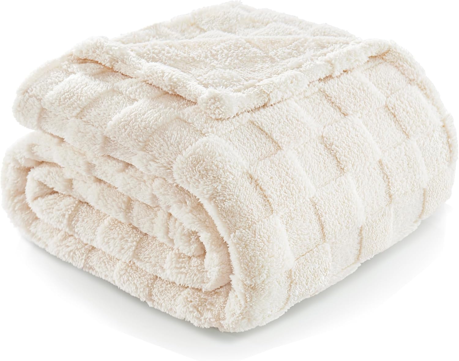 Exclusivo Mezcla Fleece Throw Blanket for Couch,Super Soft and Warm Lightweight Checkered Pattern Blankets for All Seasons, 50×60 Inches, Ivory