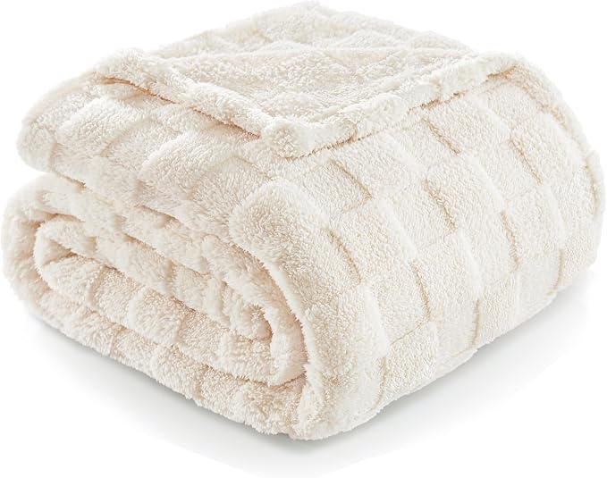 Exclusivo Mezcla Fleece Throw Blanket for Couch, Super Soft and Warm Lightweight Checkered Pattern Blankets for All Seasons, 50x60 Inches, Ivory