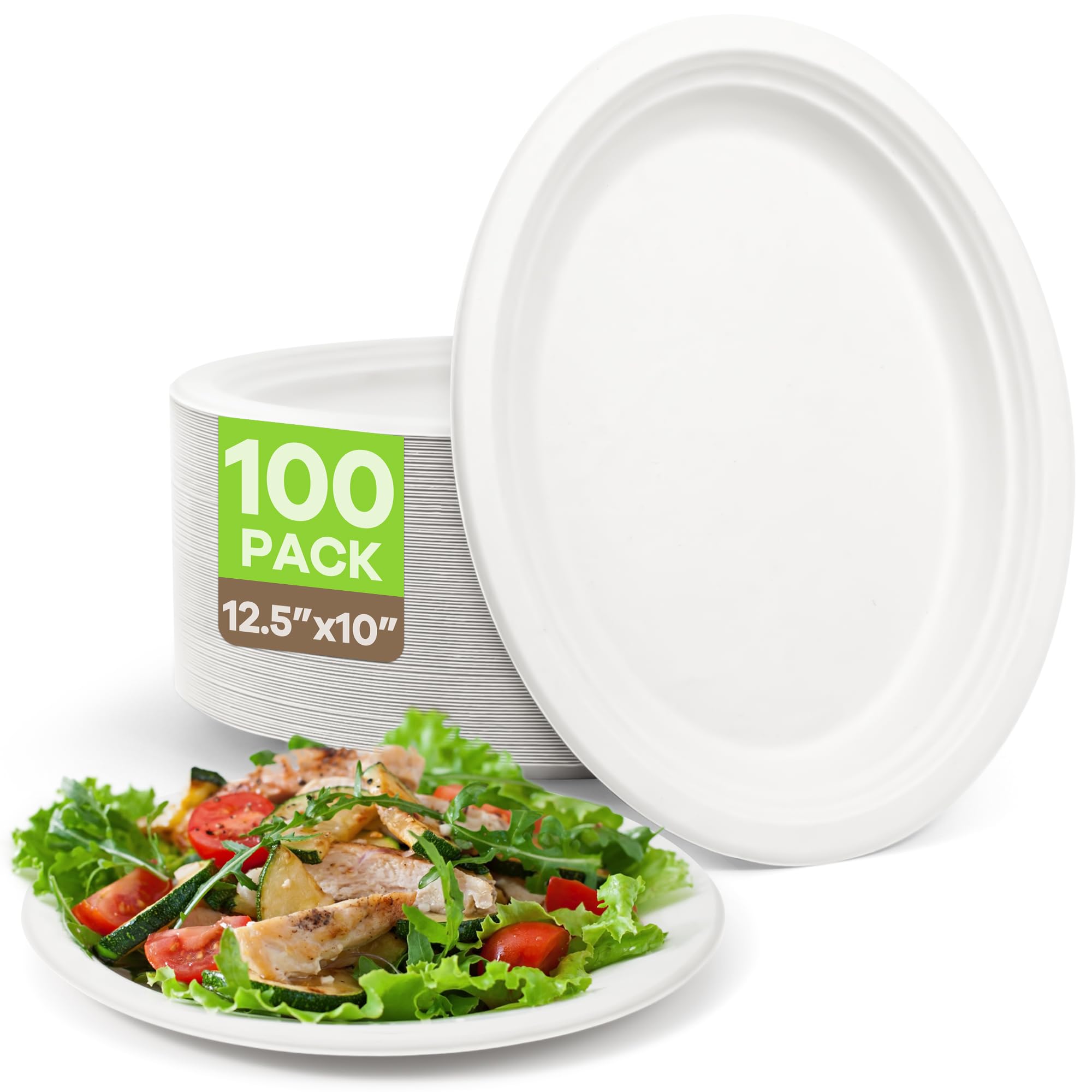 Platos de papel ovalados compostables, 12 pulgadas, 100 unidades, platos de bagazo resistentes, blancos, ecológicos, biodegradables, platos de almuerzo para barbacoa, fiesta, picnic