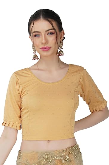 Cotton Lycra Stretchable Elbow Sleeve Readymade Saree Blouse for Women Stylish