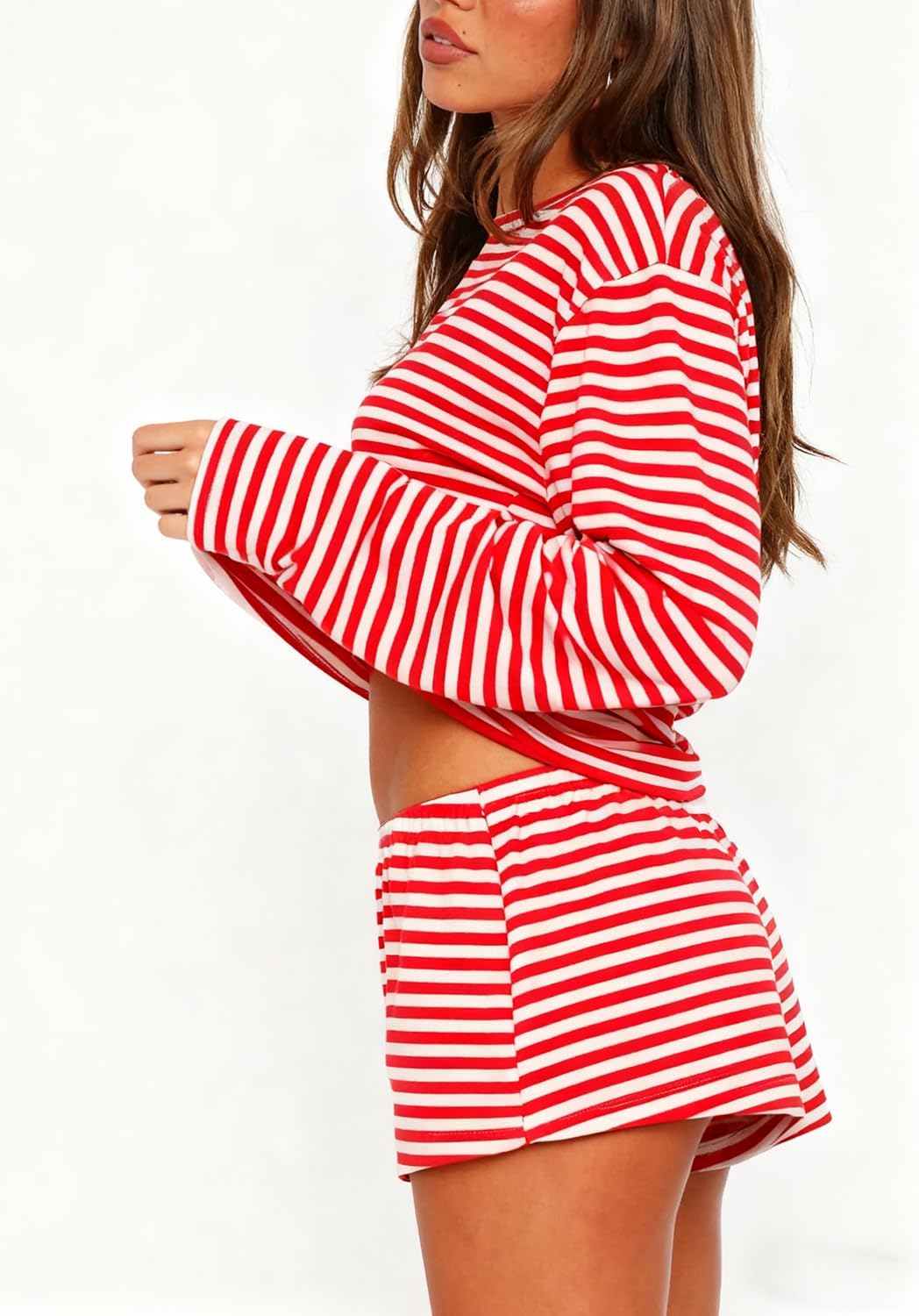 Women 2 Piece Pajamas Set Striped Print Crewneck Long Sleeve Loose Top Shorts Matching Lounge Sets - Image 3