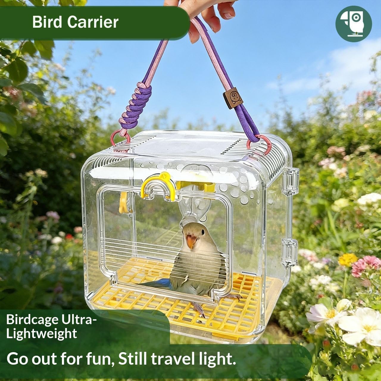 Small Bird Carrier Travel Box, Clear Acrylic, with Water Dispenser, Food Containers, and Bottom Mesh, for Parrots and Small Pets,Lightweight and Portable
