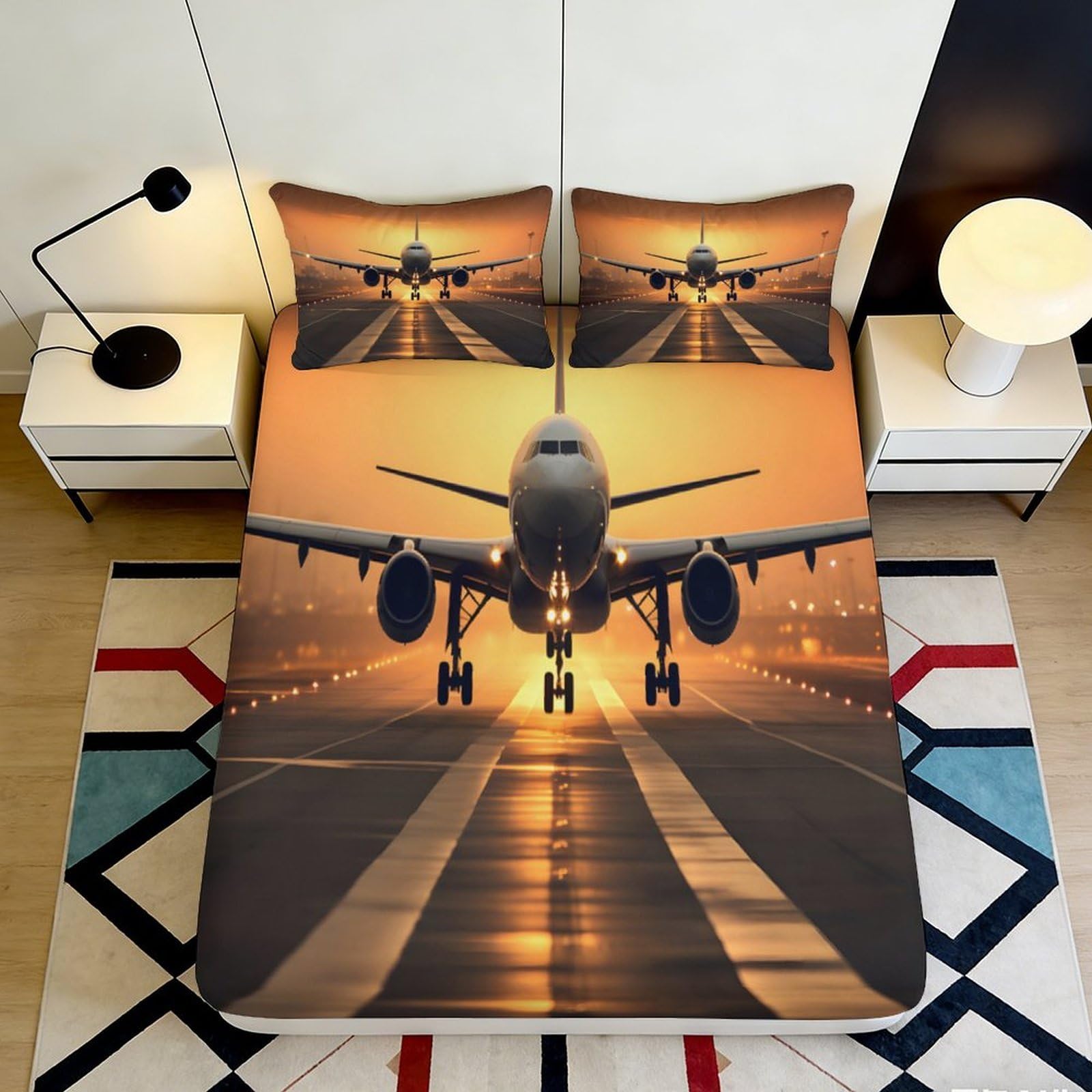 3D Printed Airplane Fitted Sheet Microfiber Soft Breathable Sunset Runway Bed Cover for Bedroom Dormitory Guest Room Mattress Protection Decor 160x200x25cm
