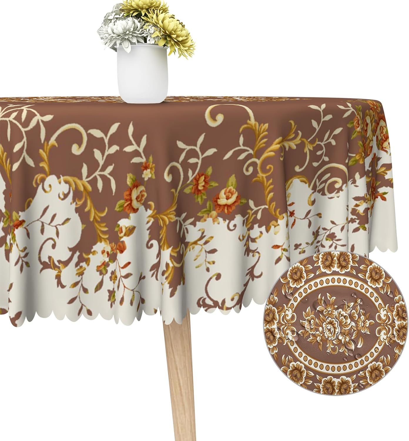 French Floral Circle Tablecloth Brown Flowers Tablecloths Vintage Luxury Classic Design Waterproof Rectangle Polyester Resistant Round Table Cover for Picnic Dinner Decor 60 Inch image 4