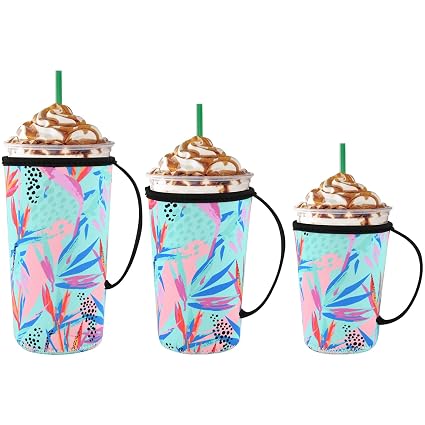 Beautyflier Iced Coffee Sleeve for Cold Drinks Reusable Neoprene Cup Sleeves Beverages Holder with Handle for 16-32oz Coffee Cups (3 Packs, Colorful Plants Style)