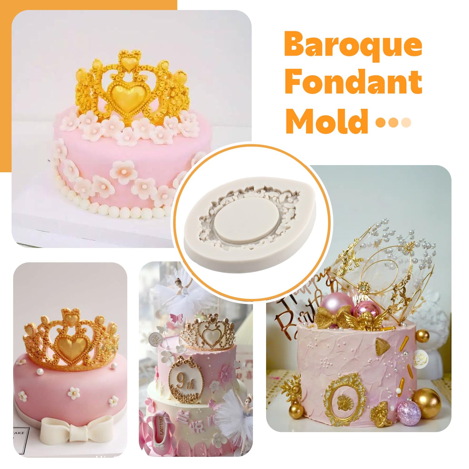 Sijiangmold Set Of 6 Crown & Photo Frame Silicone Molds - Fondant, Chocolate, Candy Crafting Molds For Cake Decorating