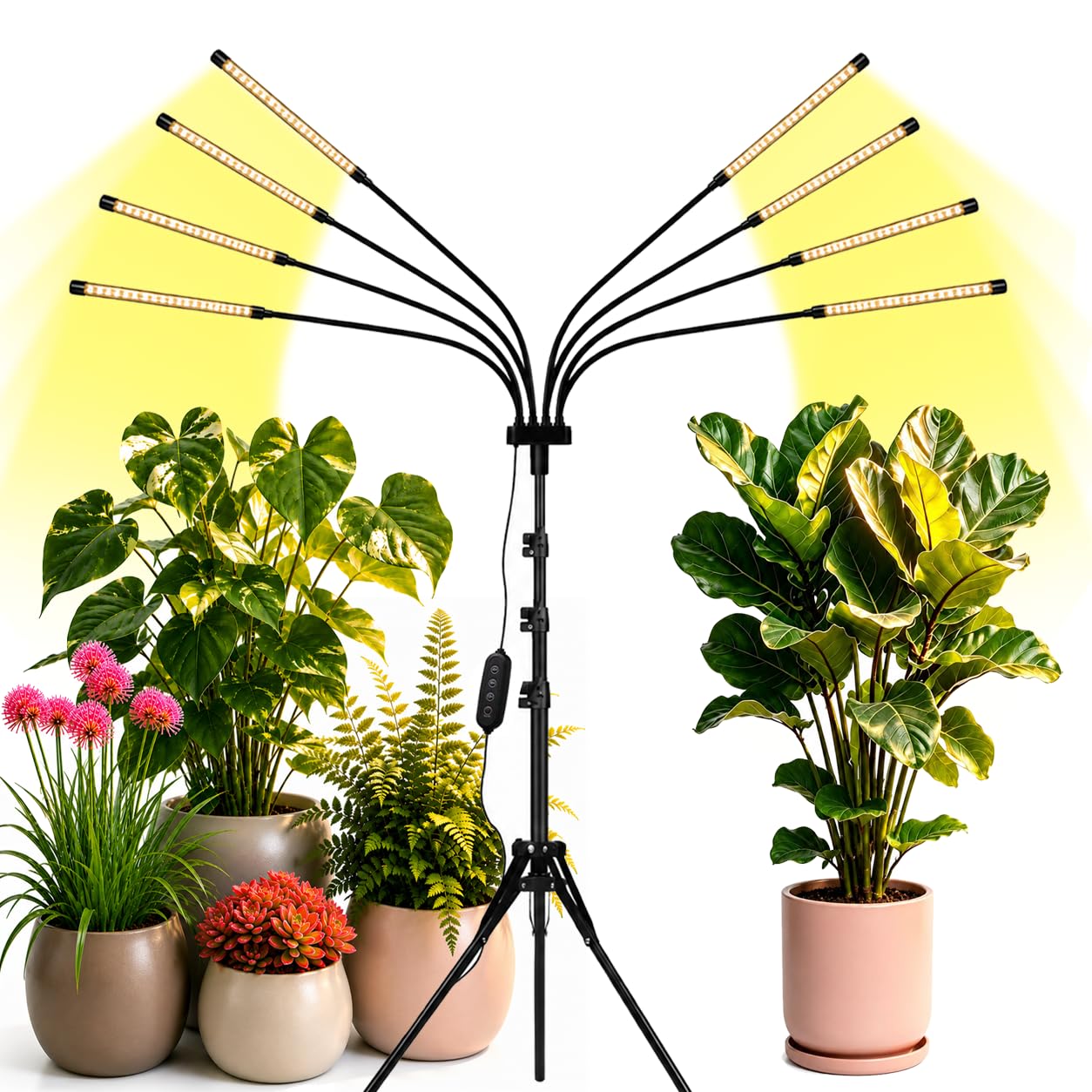 Luces de cultivo para plantas de interior, luz de crecimiento de espectro completo 8 en 1 para cultivo en interiores con soporte de trípode, sincronización de encendido/apagado automático 4/8/12