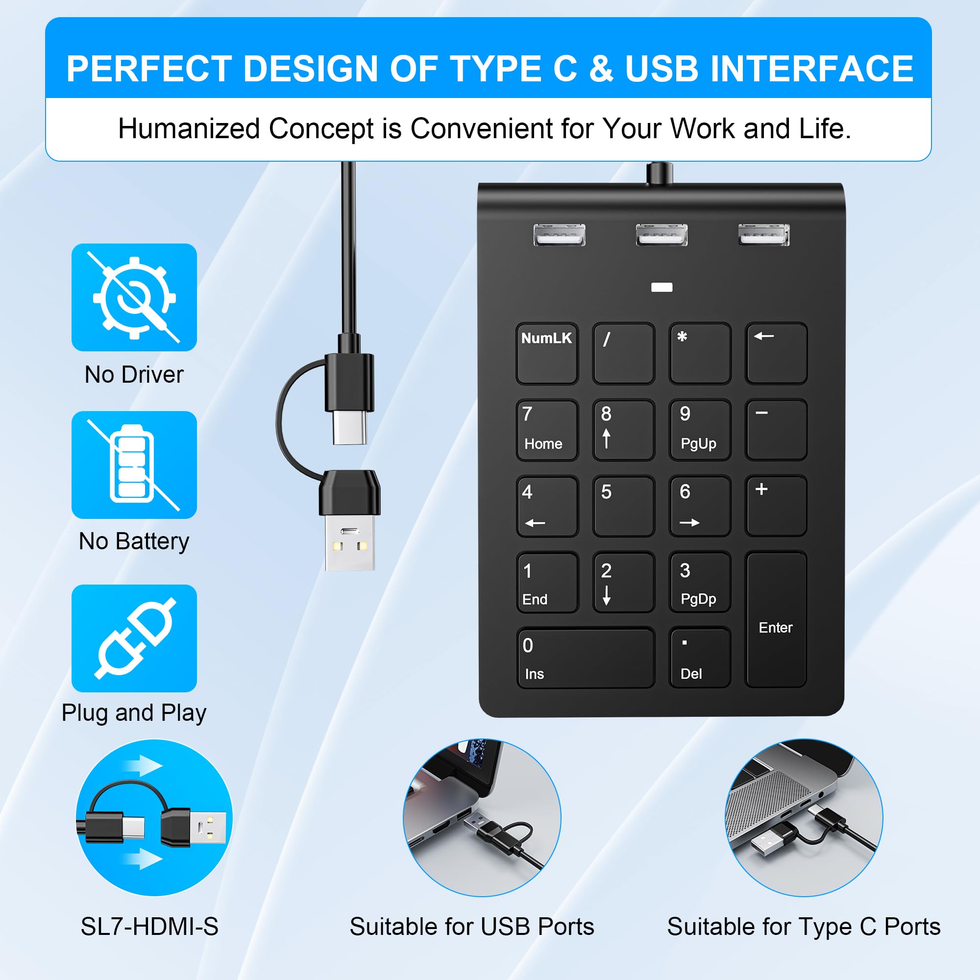 Teclado Numérico con Cable, USB A/USB C Ultradelgado 18 Teclas Mini Teclado Numpad Portátil Ergonómico con 3 USB 2.0 Puertos, Oficina Cálculo Extensiones de Teclado para Computadora Portátil, PC