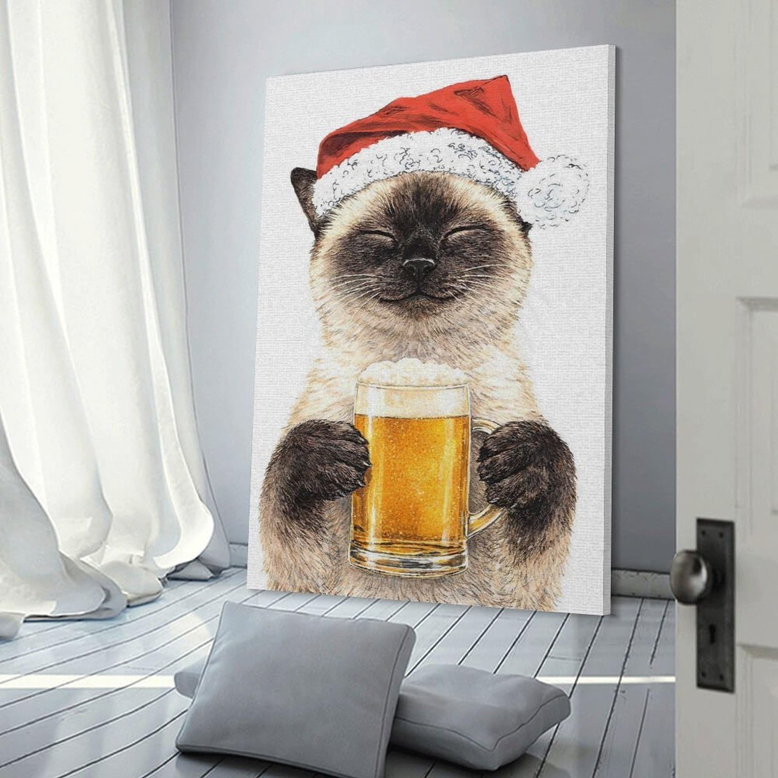 Junmoney Frame-Style-14-1 Canvas Wall Decor Siamese Cat In Santa Hat With Beer, 20X30inch(50X75cm), For Living Room, Bedroom, Office Or Hallway, Decorative Artwork With Broad Appeal
