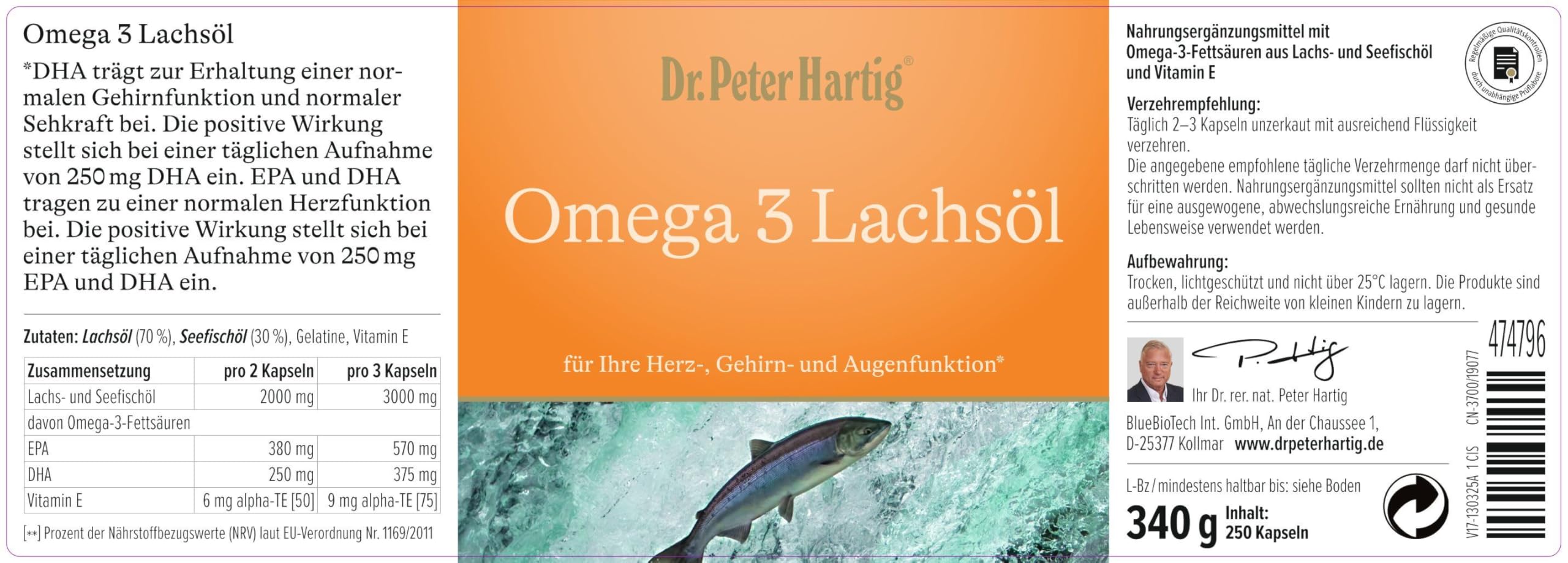 Dr. Peter Hartig Omega 3 Lachsöl 2x250 Kapseln 8-Monats-Vorrat EPA DHA Vitamin E Lactose-, Gluten-, Hefefrei