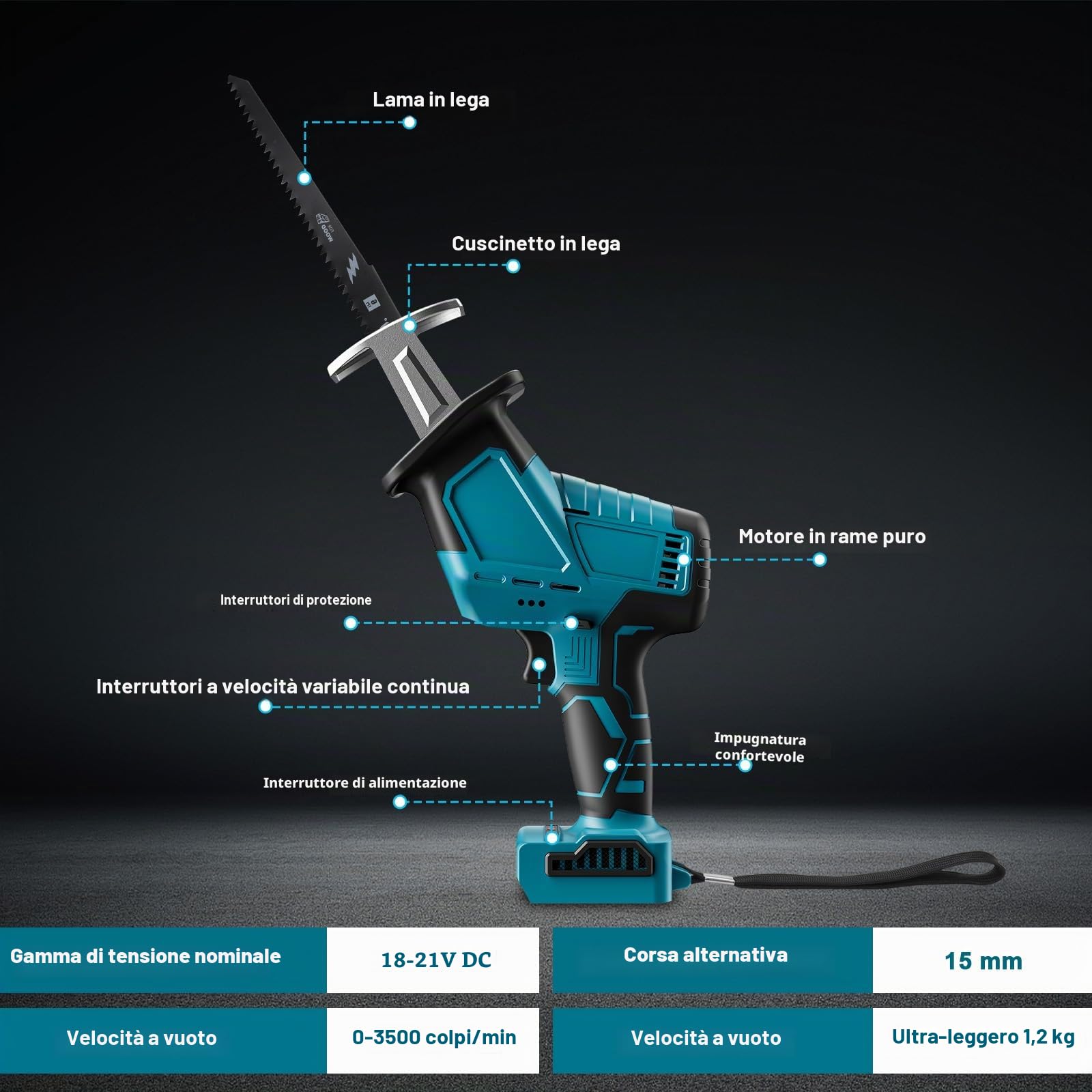 Sega recipro compatibile con Makita 18V Batterie, con 4 lame, sega a sciabola portatile per metallo, legno, tubi in PVC, taglio ad albero (Senza Caricatore)