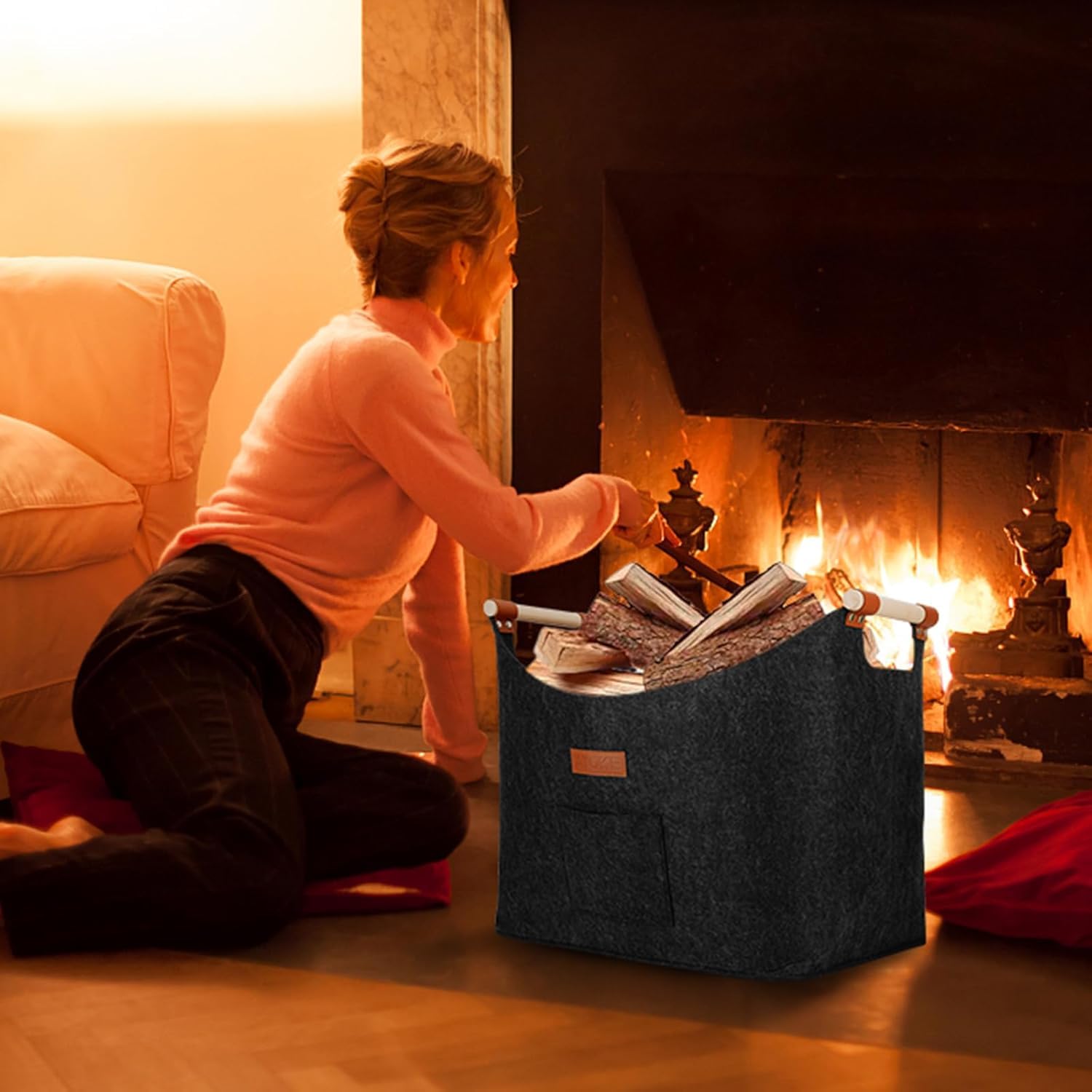 Atoke Panier à bois de chauffage en feutre extra épais avec poignée renforcée - Sac pliable en feutre comme panier de rangement pour bois, journaux, courses et bois de chauffage, gris foncé