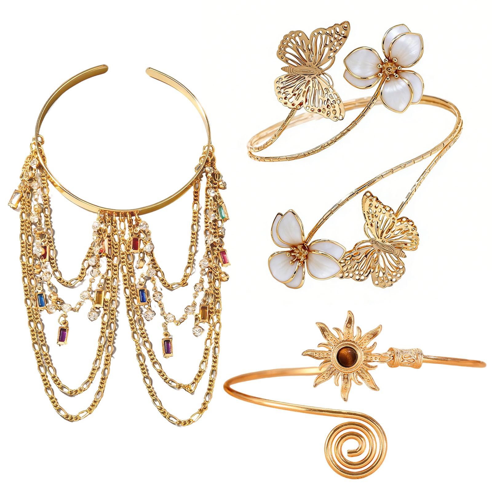 yfxxeea 3Pcs Arm Cuff Jewellery for Women, Fashion Arm Cuff for Wedding Party, Stylish Armlet for Women with Sun Butterfly Floral Fringe Design, Gold Tone Bohemian Punk Style-picture-51