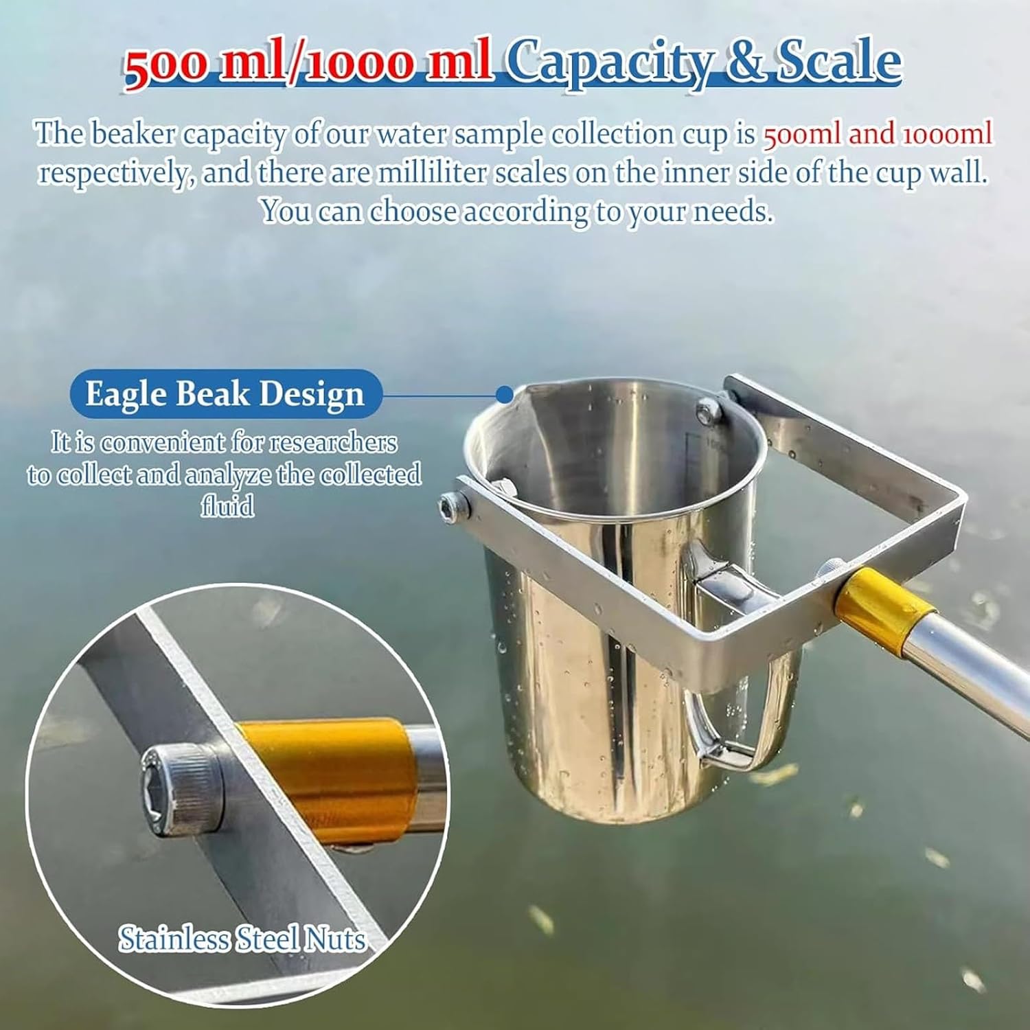 Stainless Steel Water Sampler 500ml/1000ml Pendulum Beaker Sampler with Graduated(1000ml,1m-2.1m)