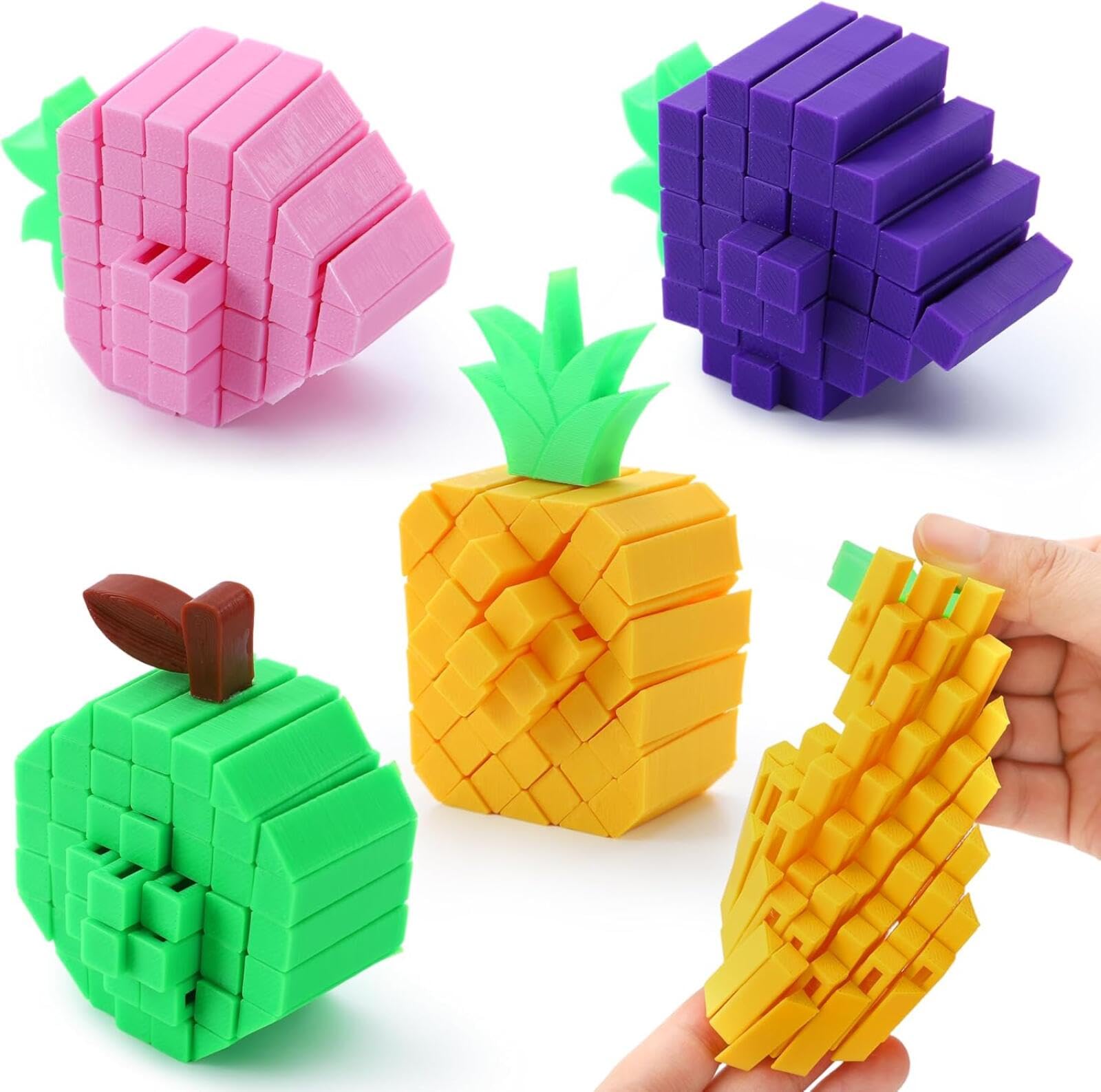 4Pcs 3D Printed Fidget Fruit Toys, Flexible Sound-Making Sensory Fidget Toys for Stress Relief & Focus, Desk Fidget Toys for Kids & Adults, Party Favors