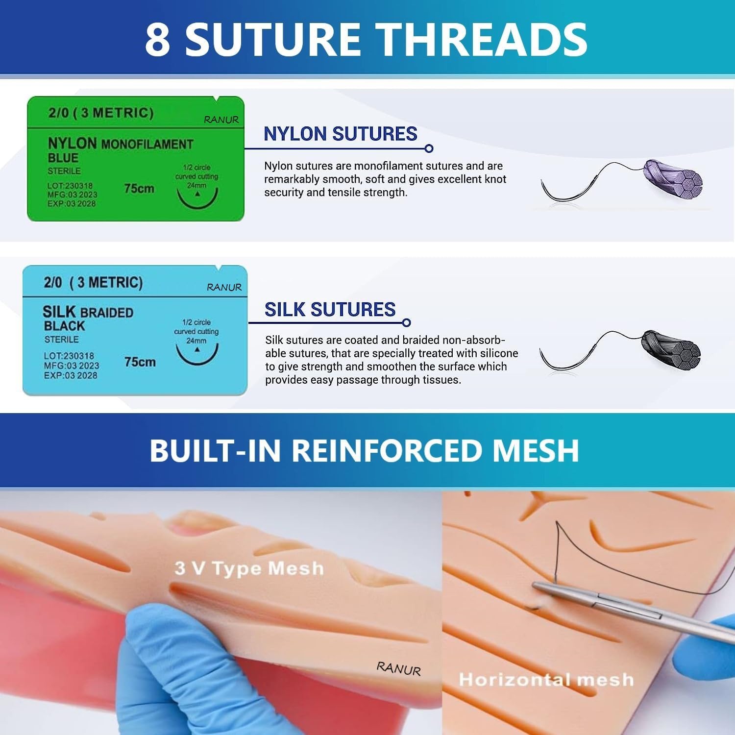 RANUR's Precision Suture Practice Kit, Comprehensive 17 Piece Set with Durable Large Suturing Pad, Pre-Cut Wounds, Instruments (SUTURE PRACTICE KIT) 2