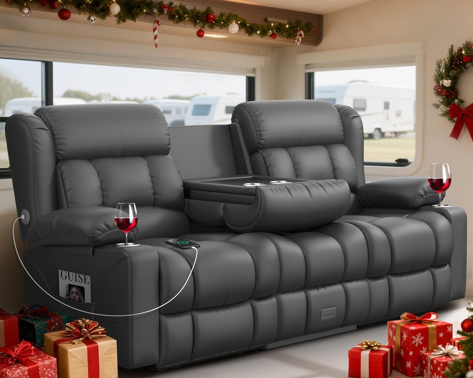 Loveseat Recliner Sofa with Flip Backrest Design, 3 Seat RV Recliner Sofa with USB Ports & Pockets, Wall Hugger Reclining Loveseat with Cup Holders & Drawer, RV Couch for Home Theater Seating