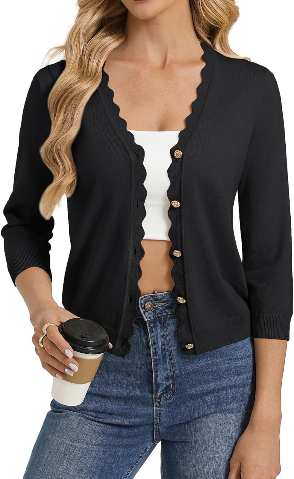 Women's 3/4 sleeve V neck Button Down Lightweight Cardigan Sweater Open Front Dressy Shrugs Summer Outfits