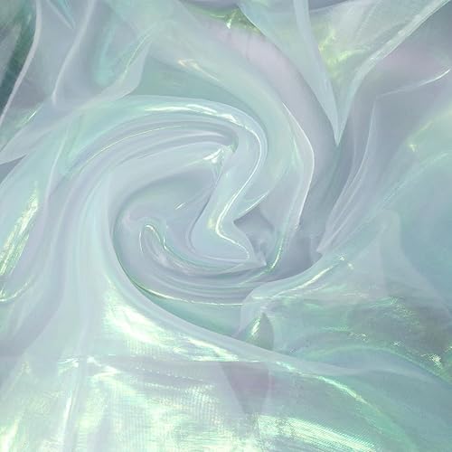 Magic Laser Holographic Fabric, 59in Iridescent Sequin Gradient Organza Lace for Wedding Photography Background Dress Party DIY Supplies, White