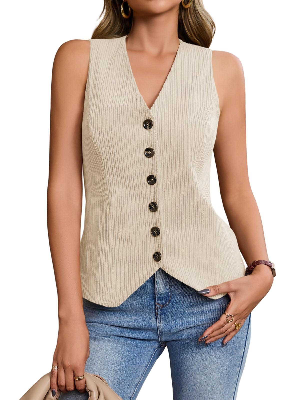 Tankaneo Womens Button Down Corduroy Vest Tops Sleeveless V Neck Slim Fit Fall Blazer Vest Trendy Casual Waistcoat