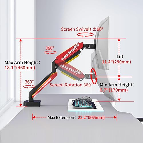 Miniatura 3 de Brazo de monitor resistente para pantalla ultraancha de hasta 49 pulgadas, 44 libras, soporte de escritorio con resorte de gas, totalmente ajustable