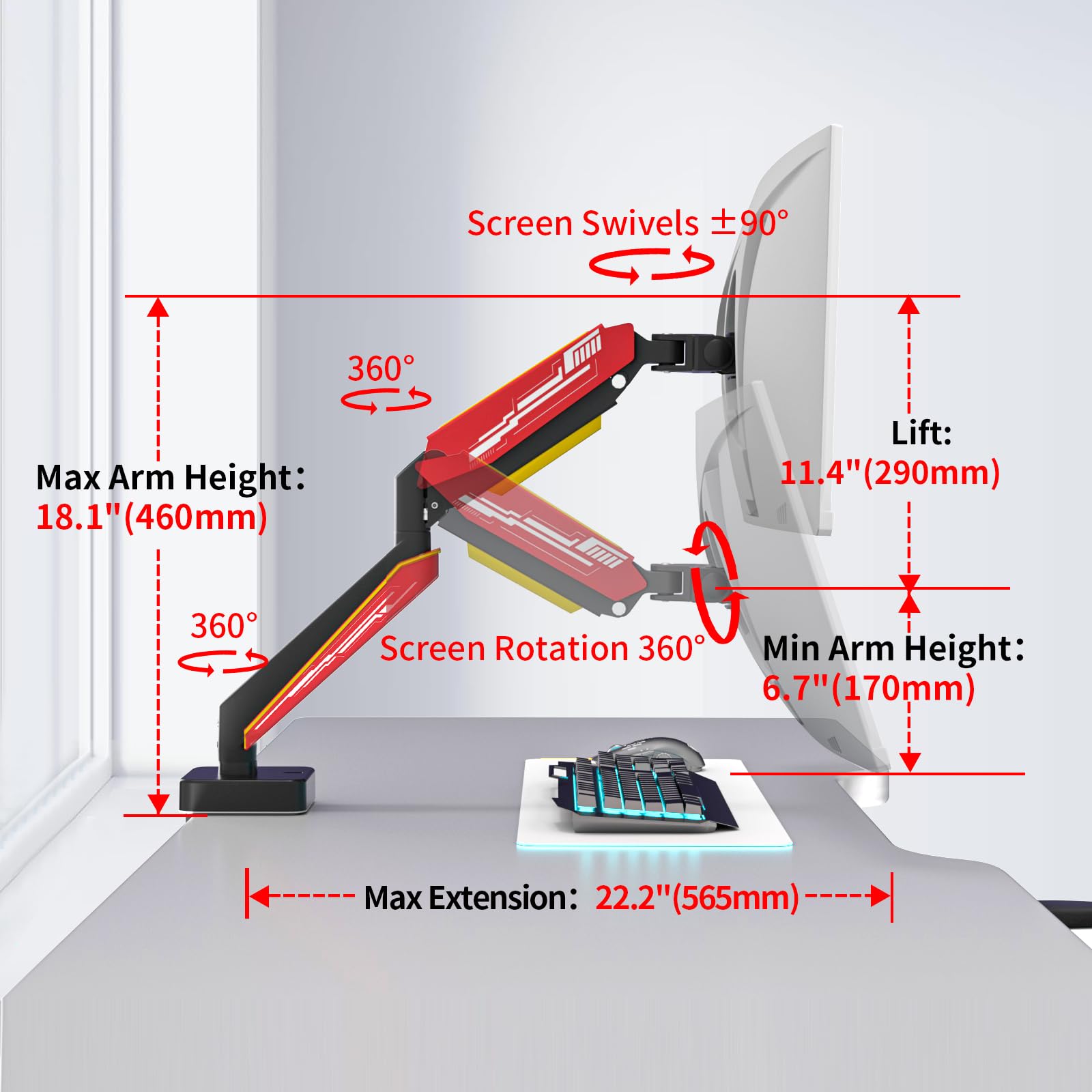 Supporto Monitor per 13-49 Pollici fino a 20 kg, Rotazione 360° Braccio Schermo Scrivania, Monitor Arm Inclinazione Altezza Gas Regolabili, Porta Monitors Gestione dei Cavi, VESA 75/100, Nero