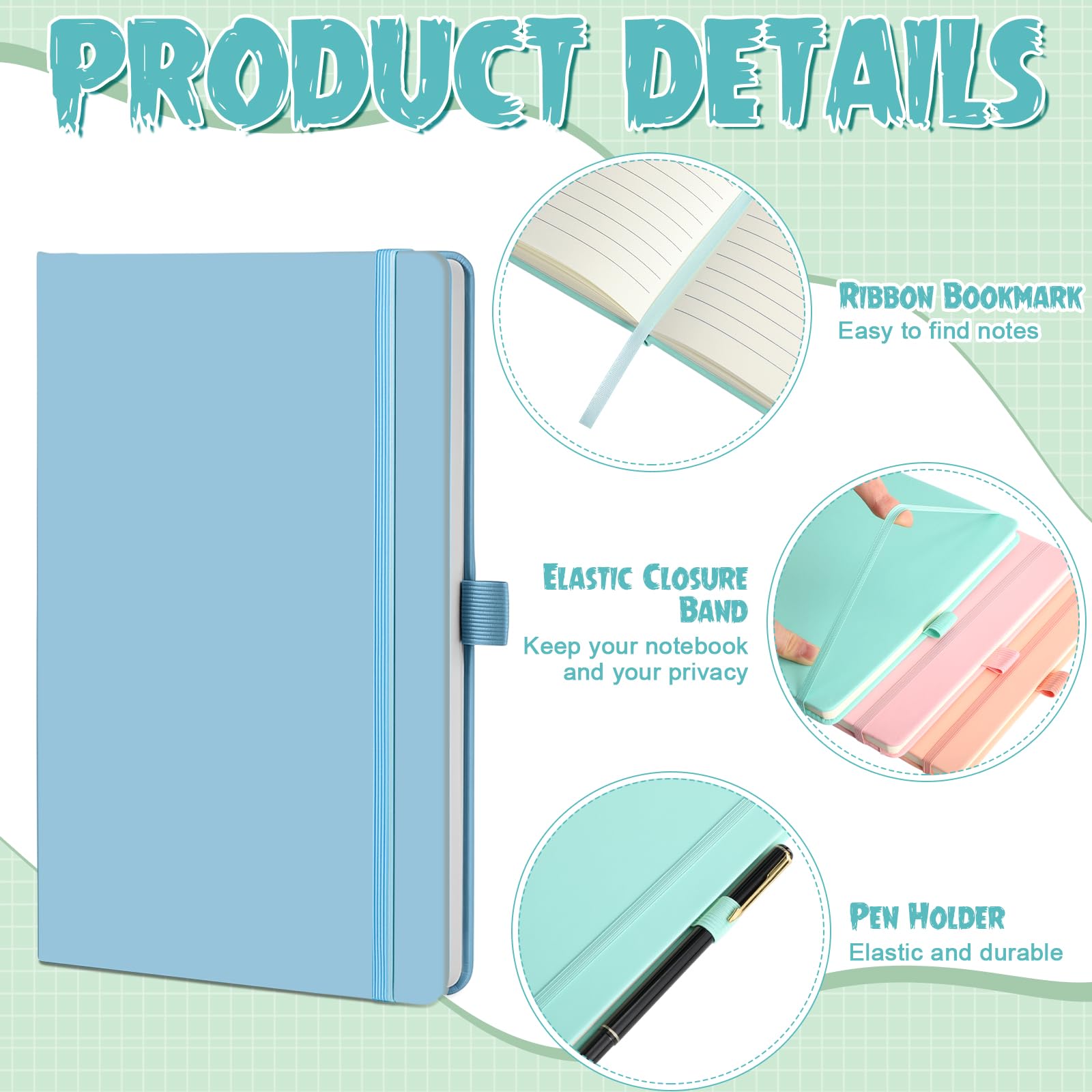 Laumoi Paquete de 14 cuadernos rayados de 5.5 x 8.2 pulgadas, cuaderno de tapa dura A5, bloc de notas con rayas universitarias con soporte para bolígrafo, diarios rayados de piel sintética para