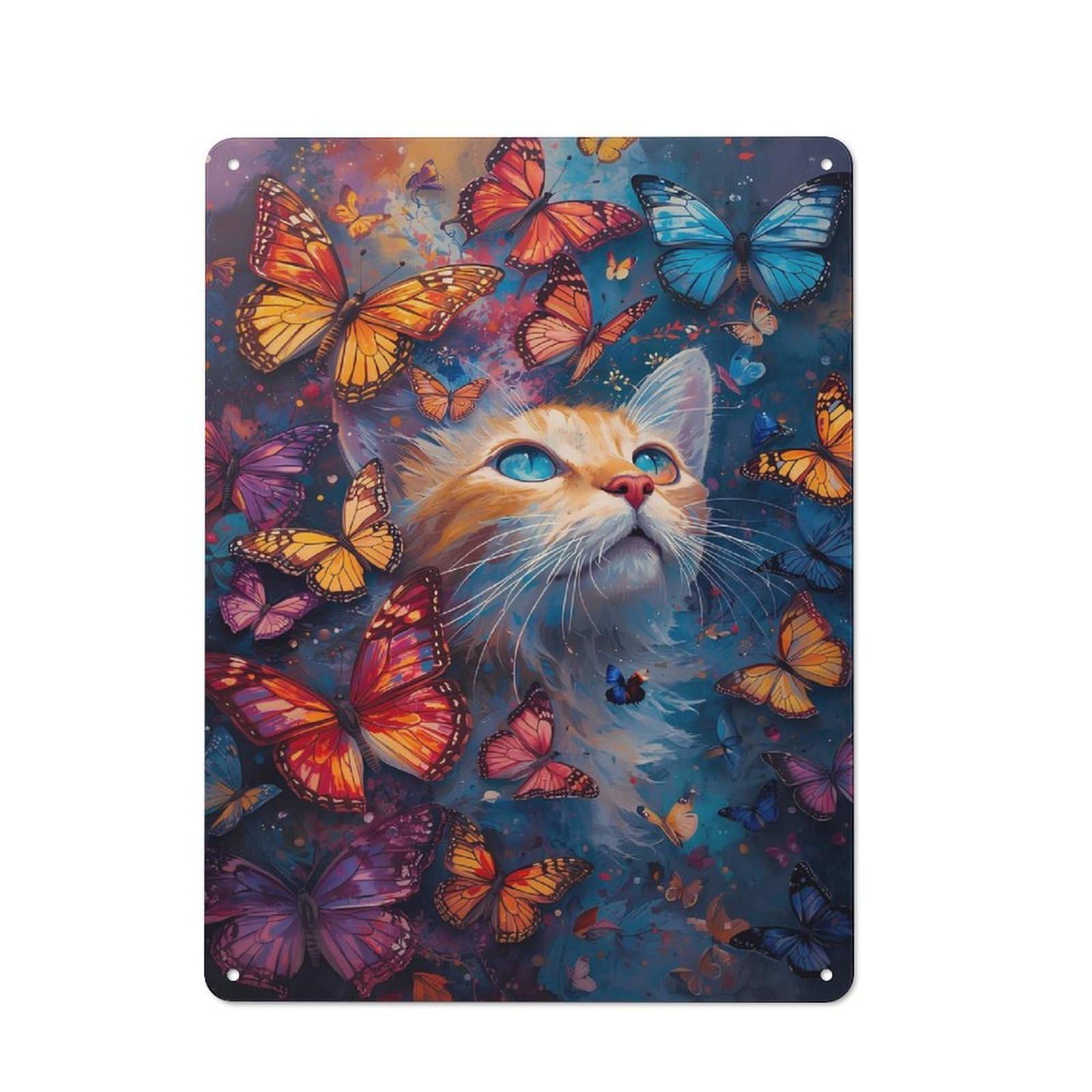 Junmoney Cat And Butterflies Dreamscape Metal Wall Sign 40X30cm Featuring For Home Bar Wall, Suited To Bar Sign Collectors