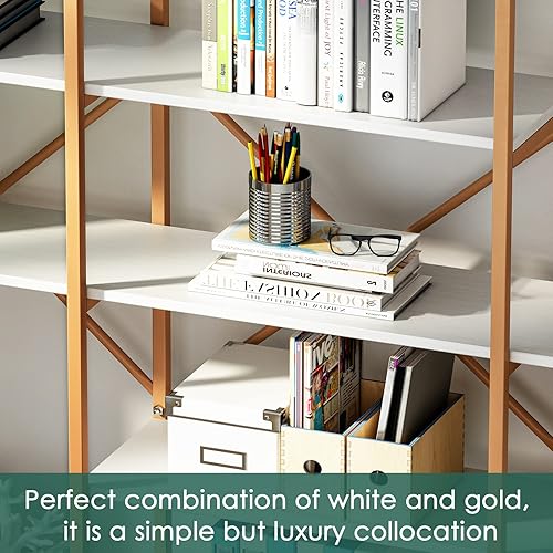 Miniatura 5 de Saudism Estantería dorada estantería geométrica de 71 pulgadas de alto estantes dorados de 5 niveles marco de hierro resistente estantería