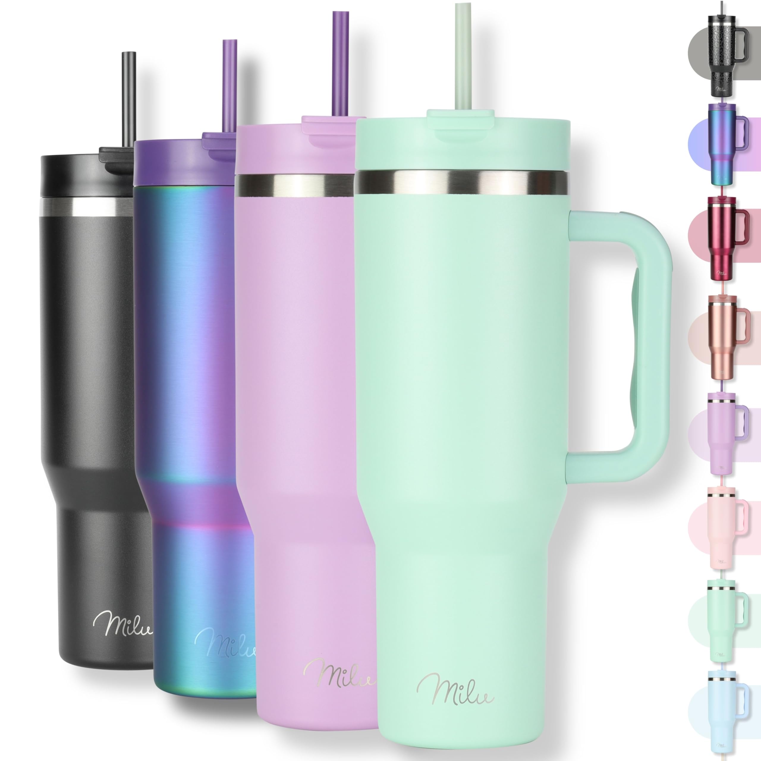Milu Gobelet thermique 1200ml avec paille & anse, 24h glacé / 12h chaud Tumbler 40oz en acier inoxydable avec poignée, isolant bouteille to go (Mellow Mint, 1200ml)