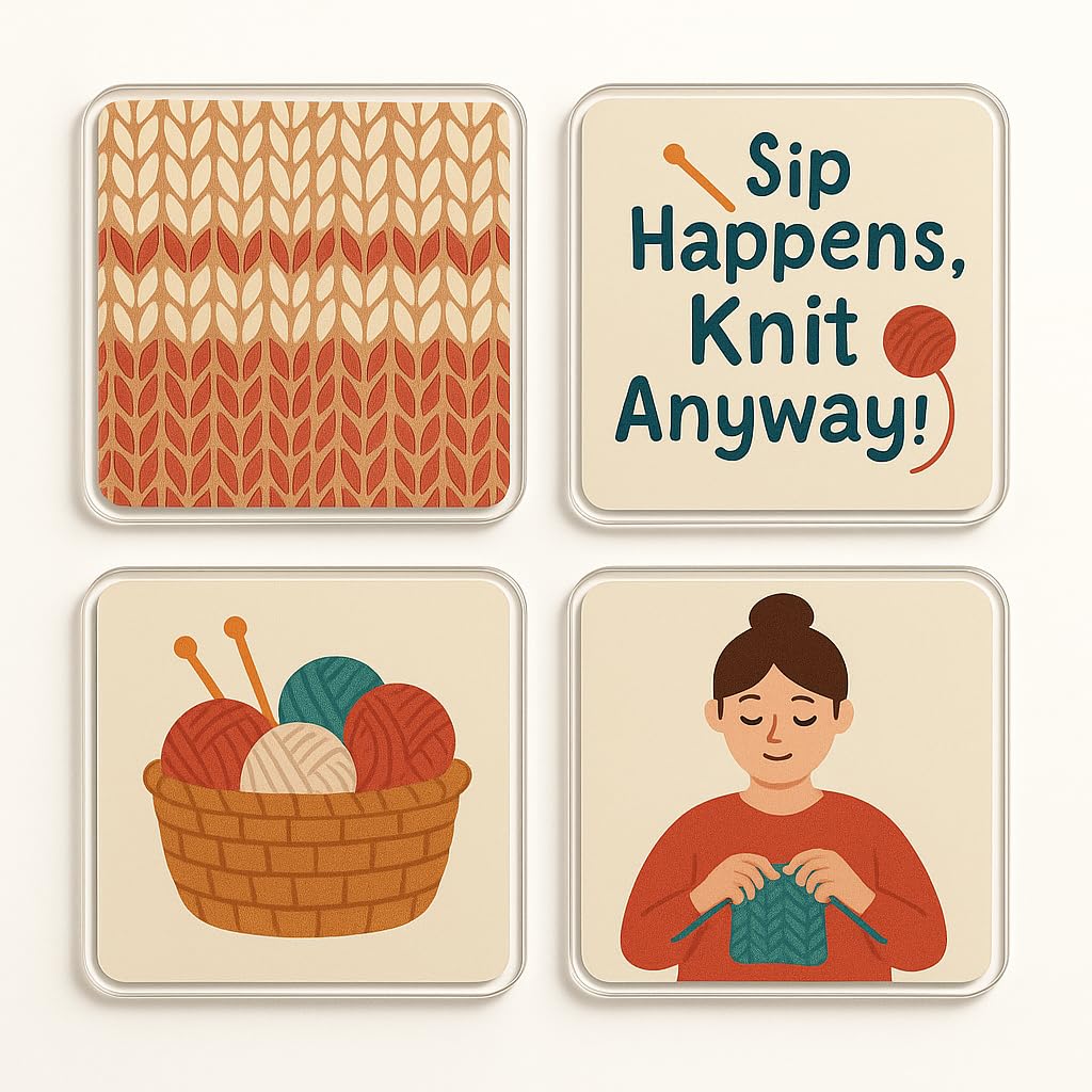 The Plum Penguin Knit & Sip Charm Acrylic Coaster Gift Set Of 4 With Whimsical Knitting Design - Home Decor For Crafting Enthusiasts