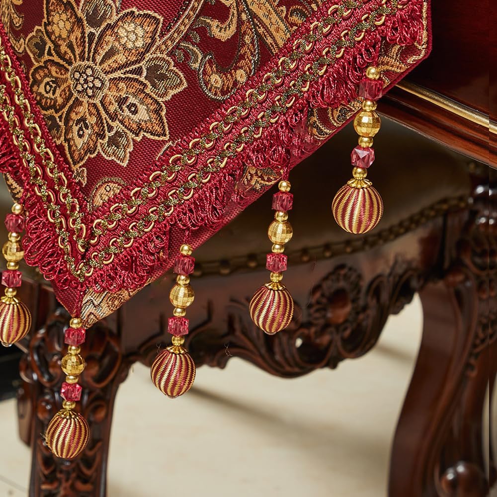 Luxury Vintage Table Runner 120 inches Long Embroidery Jacquard Fabric with Multi-Tassels Table Runners for Dining Room Dresser Wedding Christmas Thanksgiving Party Decorations (Red, 12X120inch)