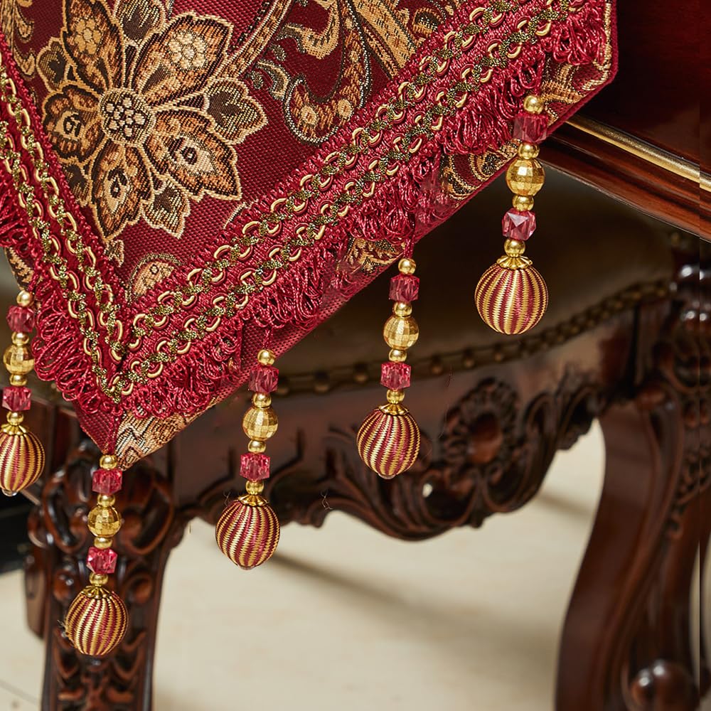 Loom And Mill Chemin De Table De Luxe En Jacquard Classique Avec Glands – Pour Salle à Manger, Commode, Noël, Fête, Banquet (rouge Vin, 33 X 274,3 Cm