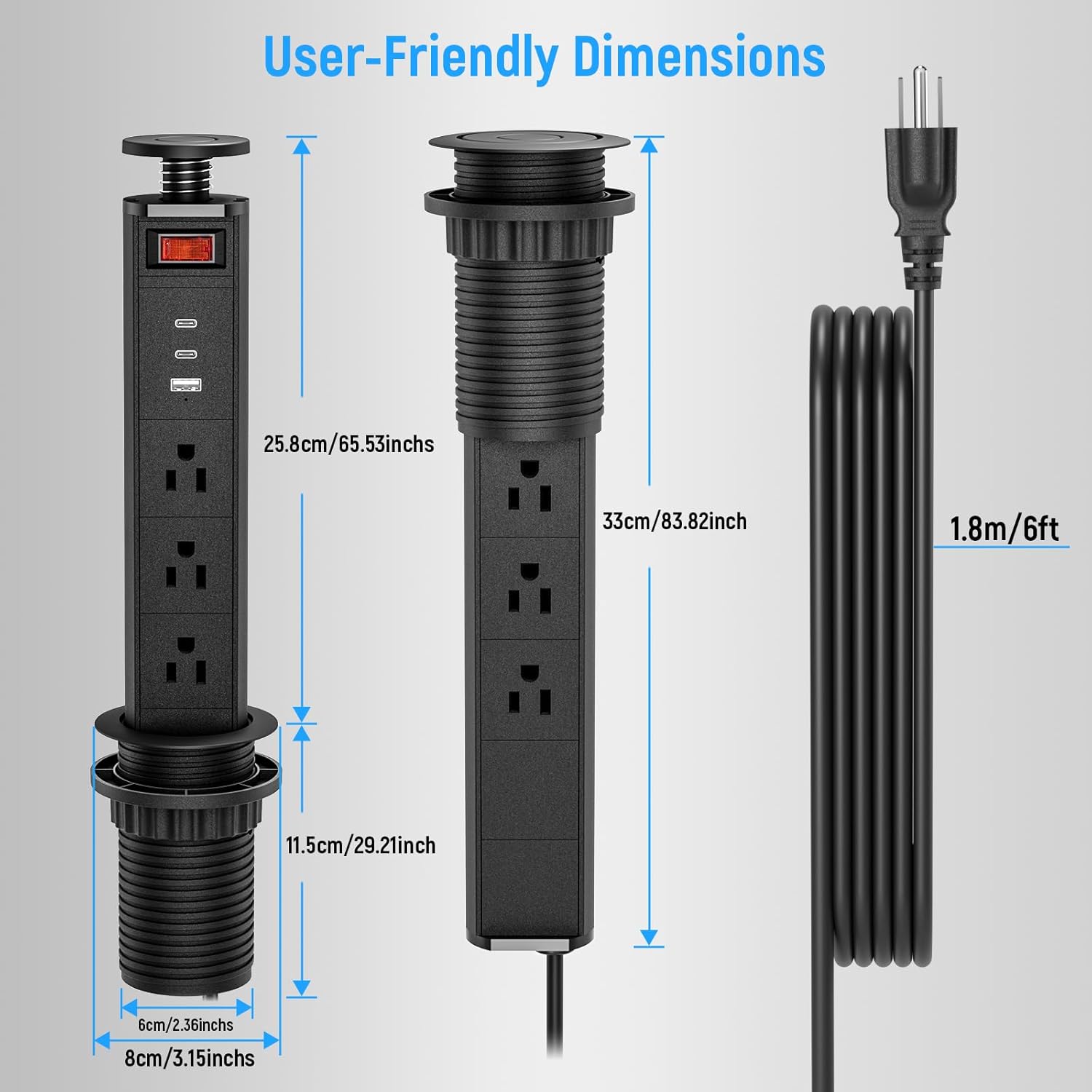 Pop Up Outlet with 2 USB C and USB A Fast Charging Port, 3 AC Outlets - Power Strip with Switch Control - Countertop Outlet Flush Mount 2.5 inch Hole (Pure Black)