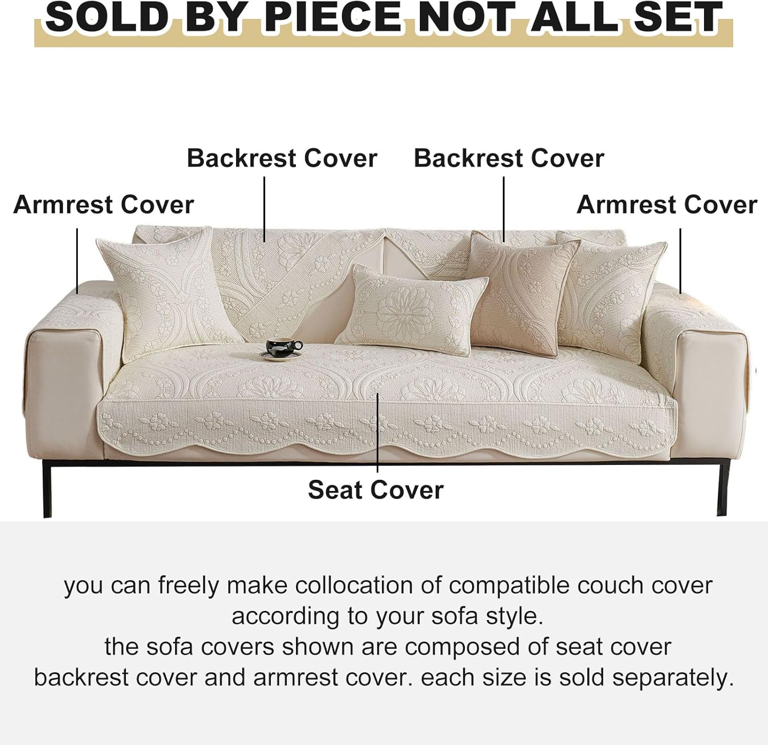 vctops Cotton Quilted Couch Cover Farmhouse Counrty Floral Embroidered Sofa Cover Non Slip Soft Scalloped Sofa Slipcover Washable Furniture Protector for Dog Pet Cat (Cream,36"x36")