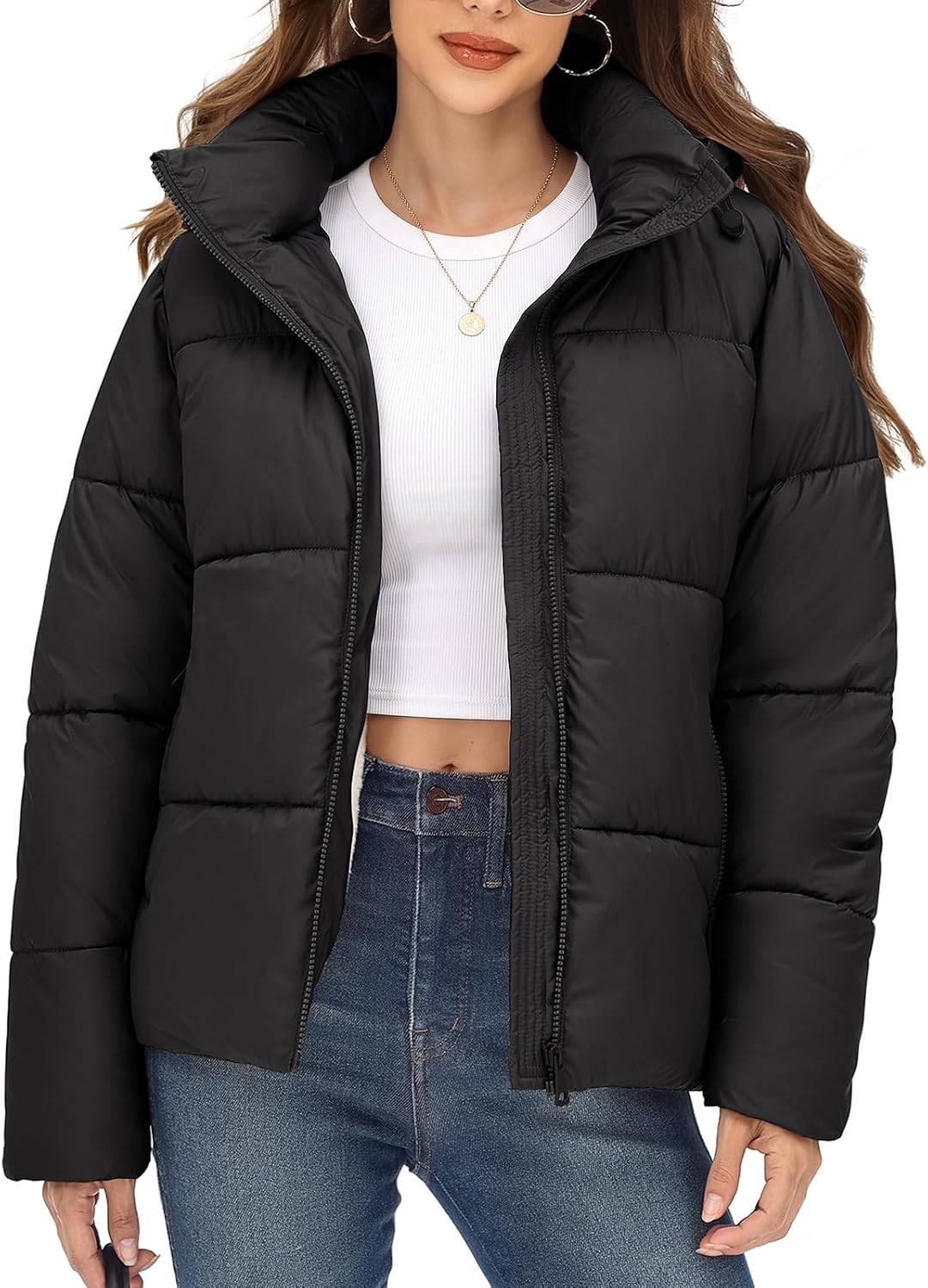 Tuopuda Women's Puffer Jacket Faux Fur Lined Warm Quilted Winter Coat Short