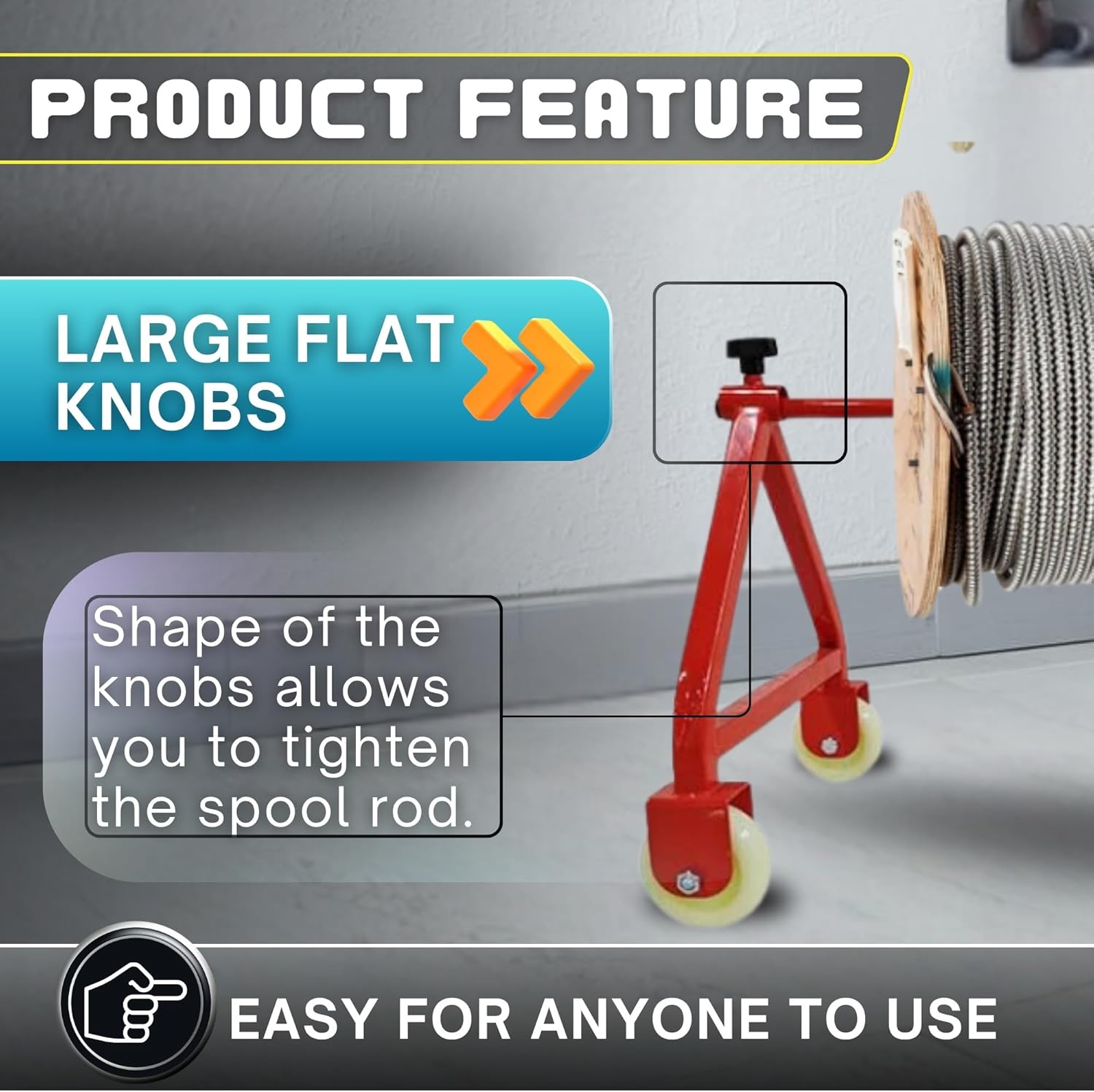 Cable Caddy with 4" Wheels and spool rod - Steel Welded Frame Fits Spools of Wire or Cable Up To 28" Diameter