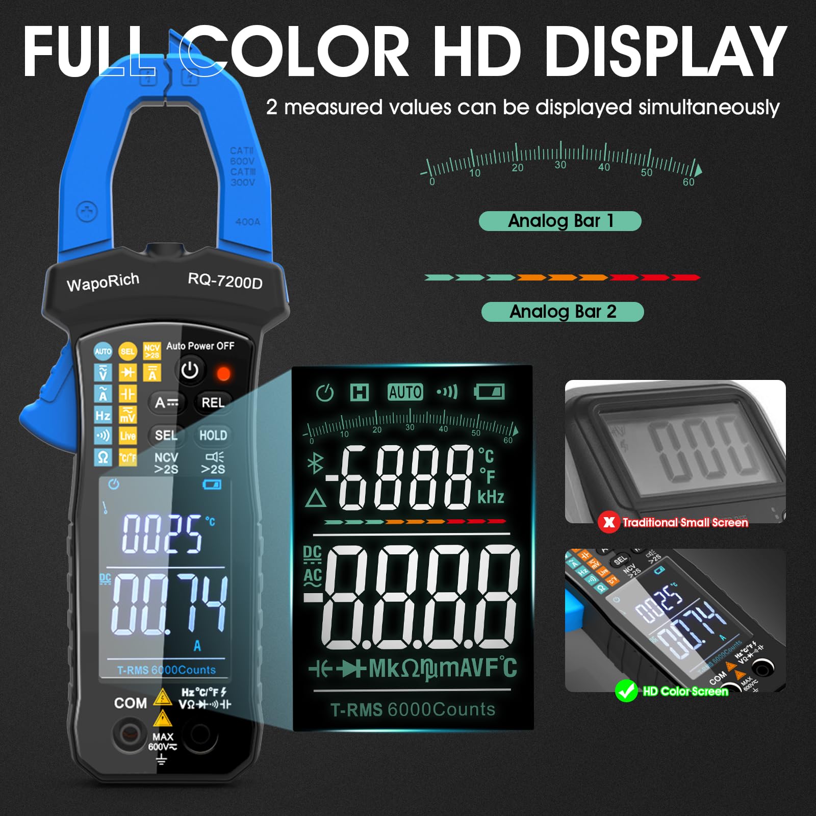 WapoRich Digital Clamp Meter TRMS 6000 Counts Multimeter RQ-7200D Auto Range NCV AC DC Voltage Current Resistance