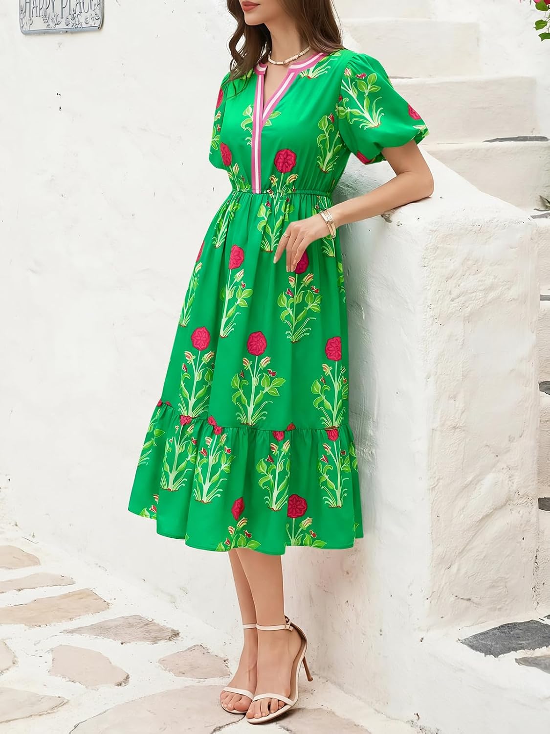 Cicy Bell Womens Summer Floral Print Maxi Dress A Line Puff Short Sleeve V Neck Boho Dresses Flowy Beach Vacation Outfits - Image 5